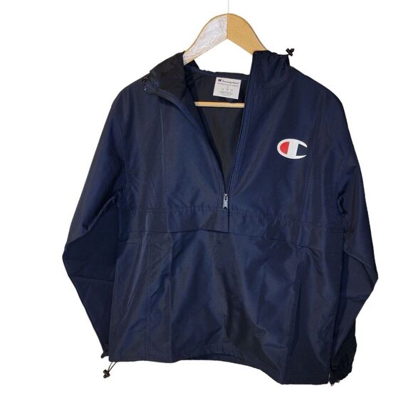 New Champion Stadium Navy Packable Lightweight Jacket Retro Block C Logo Hooded - Picture 1 of 7